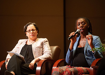 Panelists Virginia State Senator Jennifer McClellan and Jackie Storey, director of Six Points Innovation Center, discuss the role of law and policy in preventing evictions within the region on September 26.