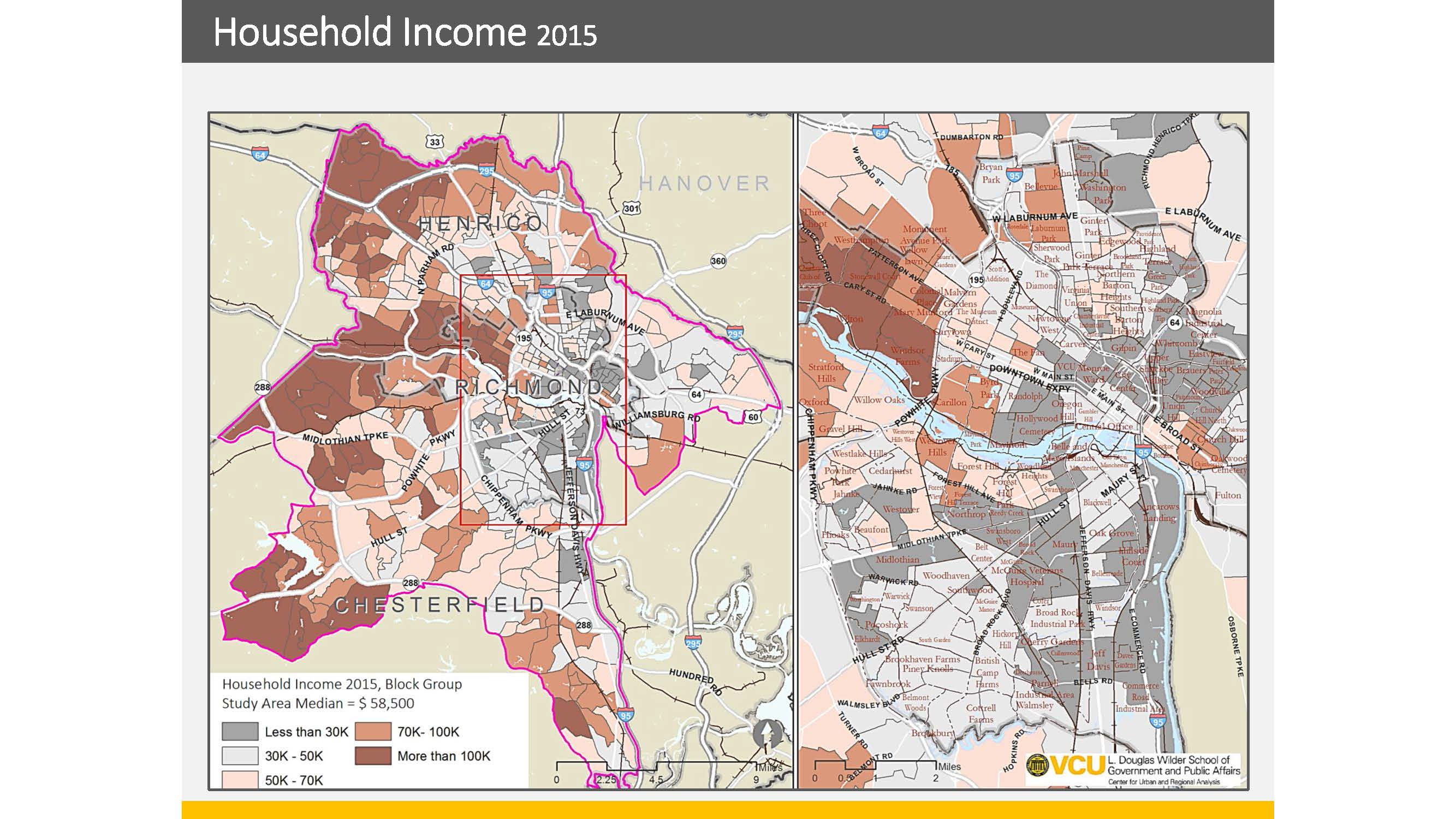 A map of the Richmond metropolitan region shows household income in 2015.