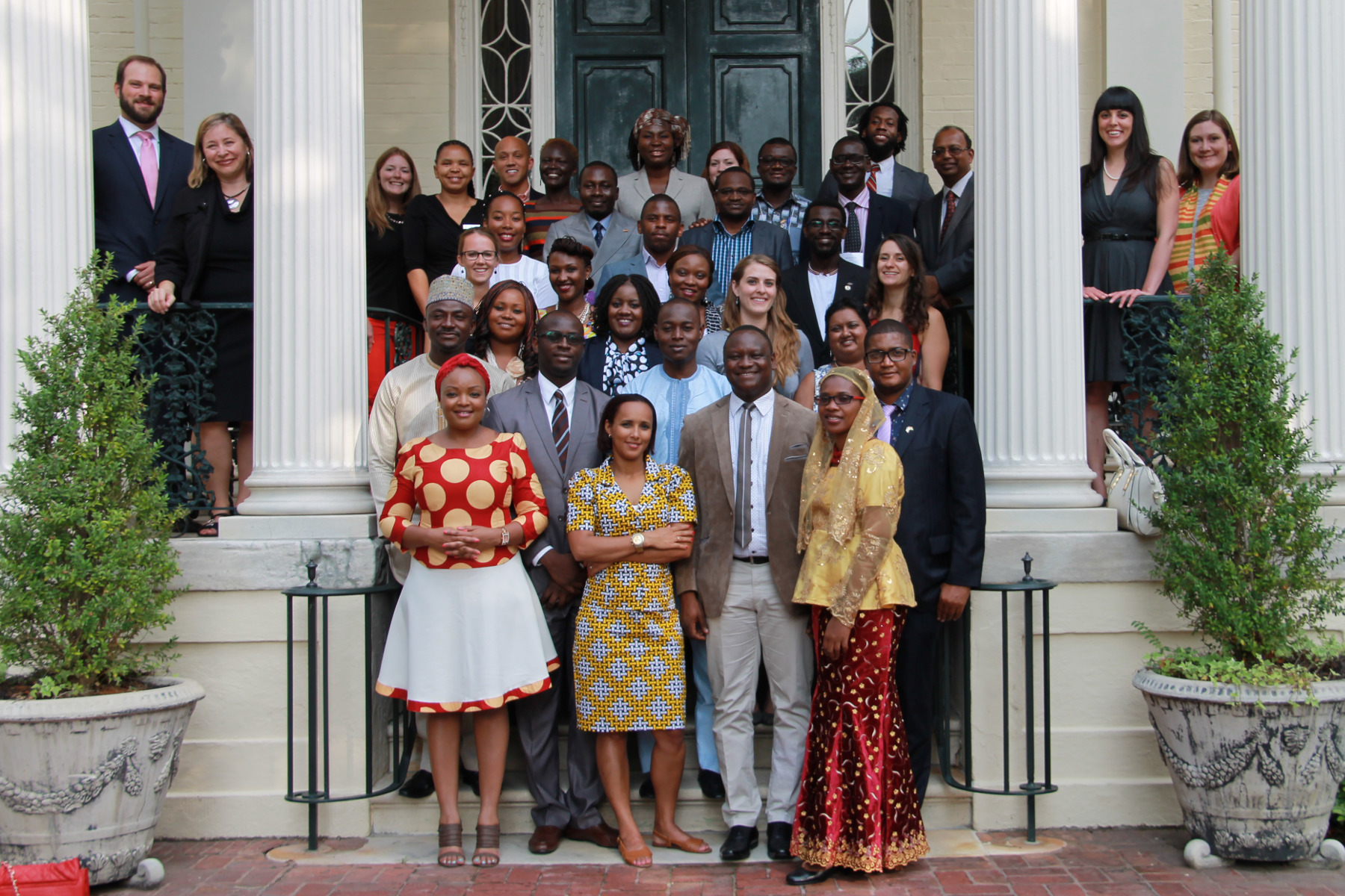 Participants in the 2015 Mandela Washington Fellows program gather for a photo on the steps of the Virginia Executive Mansion on June 30.