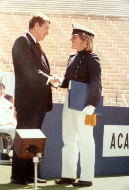 President Ronald Reagan and Maureen Moslow-Benway at Falcon Stadium during the commencement ceremony for the 1984 class of the United States Air Force Academy.