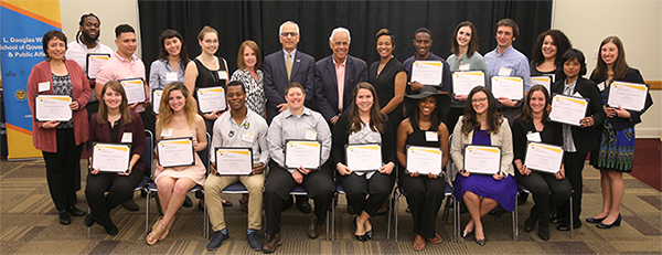 Governor L. Douglas Wilder, Wilder  School Dean John Accordino, Associate Dean Jill Gordon and Director of Student Success Shajuana Isom-Payne stand with (top) students who received recognition through their academic programs and (bottom) students who received scholarships.