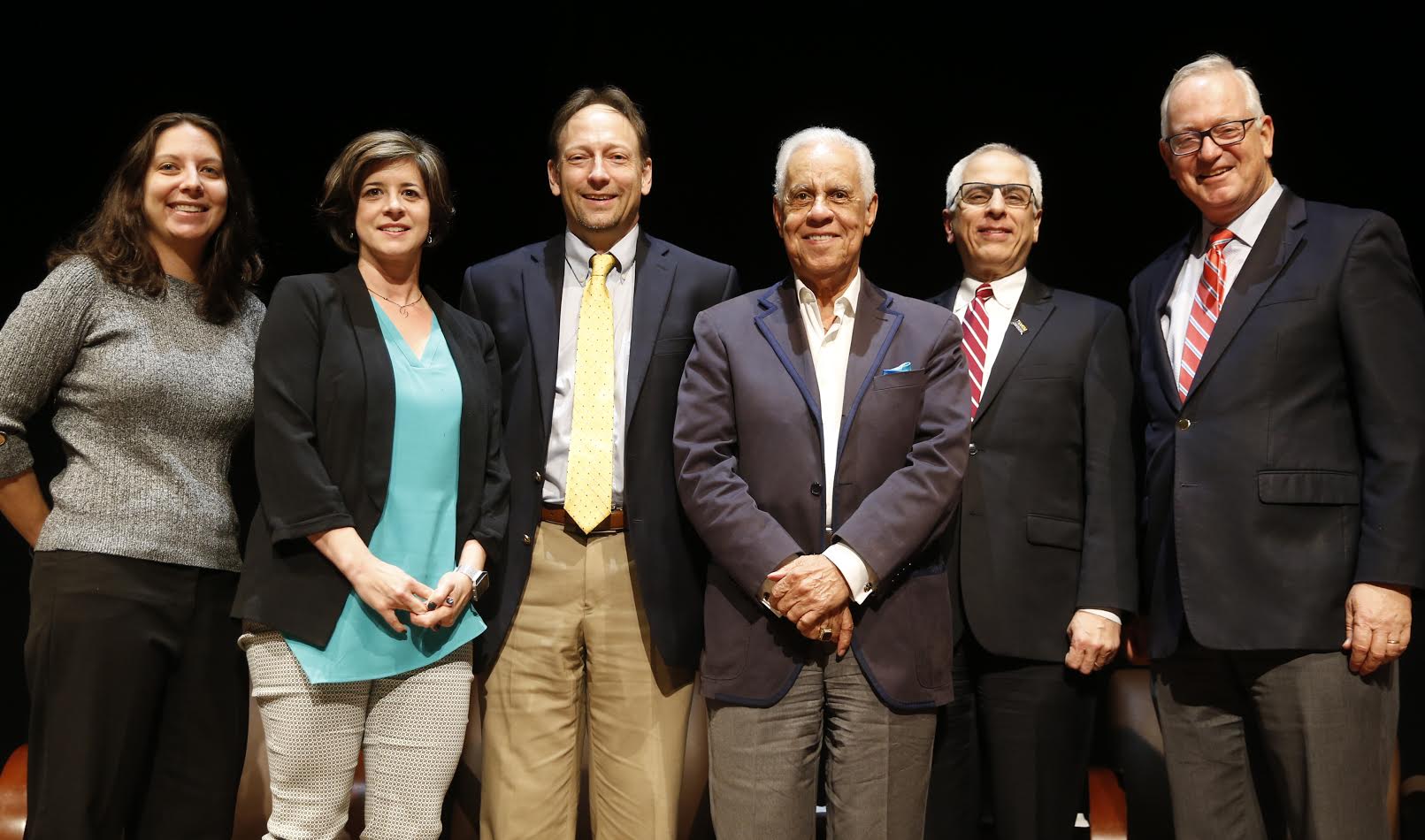 The panel consisted of, from left, Alexandra Reckendorf; Meghan Gough; Jack Trammell; Governor L. Douglas Wilder; Dean John Accordino; and Robert Holsworth.
