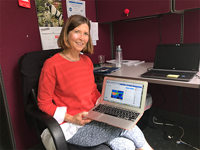 Wendy Fewster, a 2016 graduate of the Wilder School's Master of Urban and Regional Planning program, is executive director of Richmond Region Energy Alliance. The image on her laptop shows the difference an attic hatch cover can make on energy efficiency.