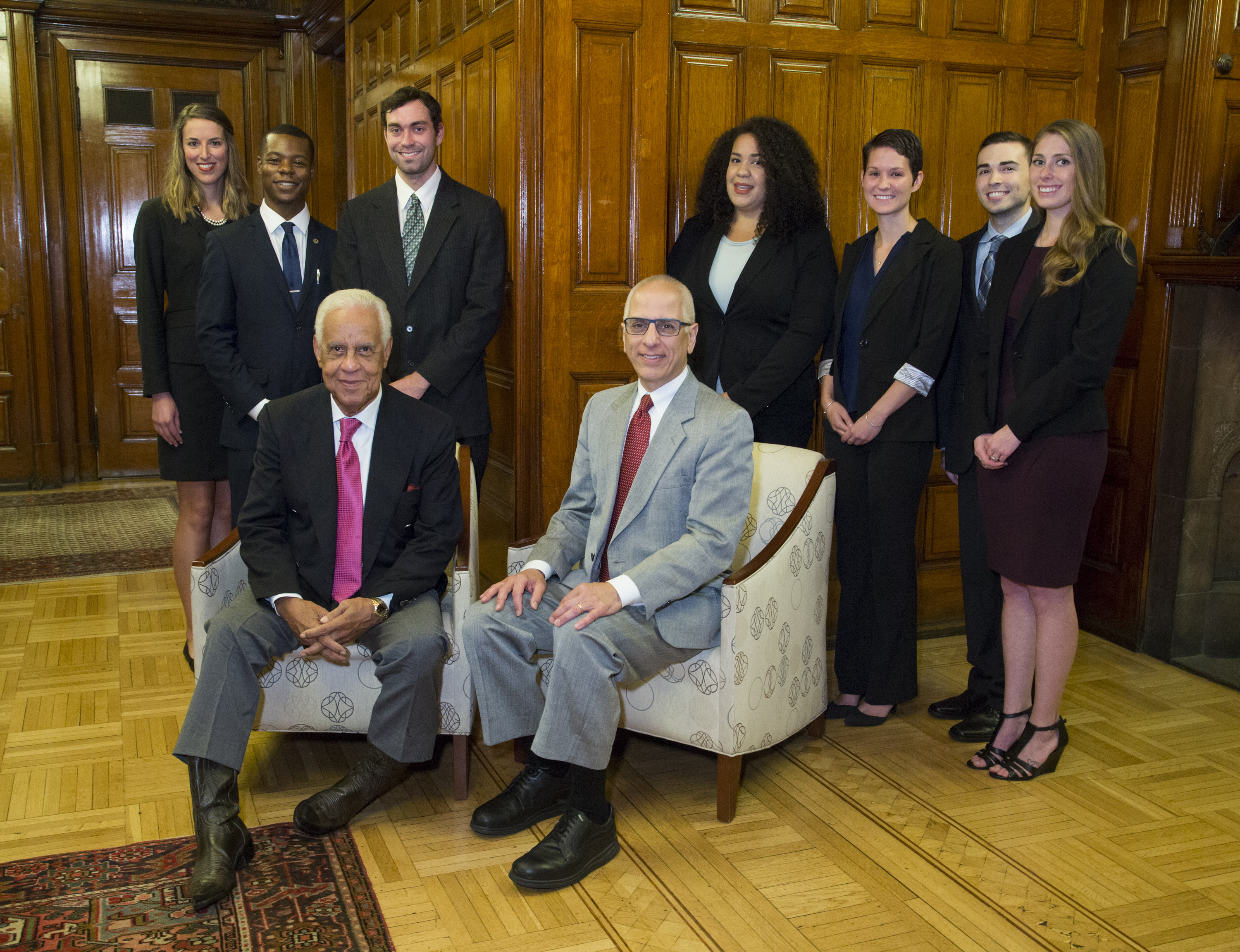 Wilder Graduate Scholars’ Fellows gather with Governor L. Douglas Wilder (seated, left) and Interim Dean, John Accordino, Ph.D., (seated,right) at Office of the Provost on Sept. 8. Fellows (standing, from left to right): Lara Mclellan, Ibrahim Keita, Joseph Costello, Lashelle Johnson, Alexandra Stewart, Nathan Manning and Theresa Varnier.