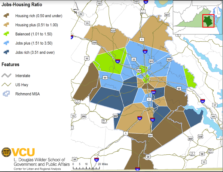 This map shows the pattern of how retail and service jobs are heavily located in the suburban areas of Chesterfield, Hanover and Henrico counties (shown in blue) while affordable housing (in brown and tan) is concentrated in the Southside and east end of the city, close-in suburban neighborhoods, and rural and small town areas on the fringe of the Richmond metro area.