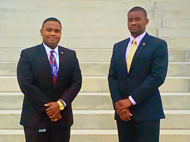 Wilder School students Brandon Hatcher and Cainan Townsend, participants in the 2016 Virginia Governor’s Fellows Program, gather on the steps of the Virginia Capitol on June 16. 