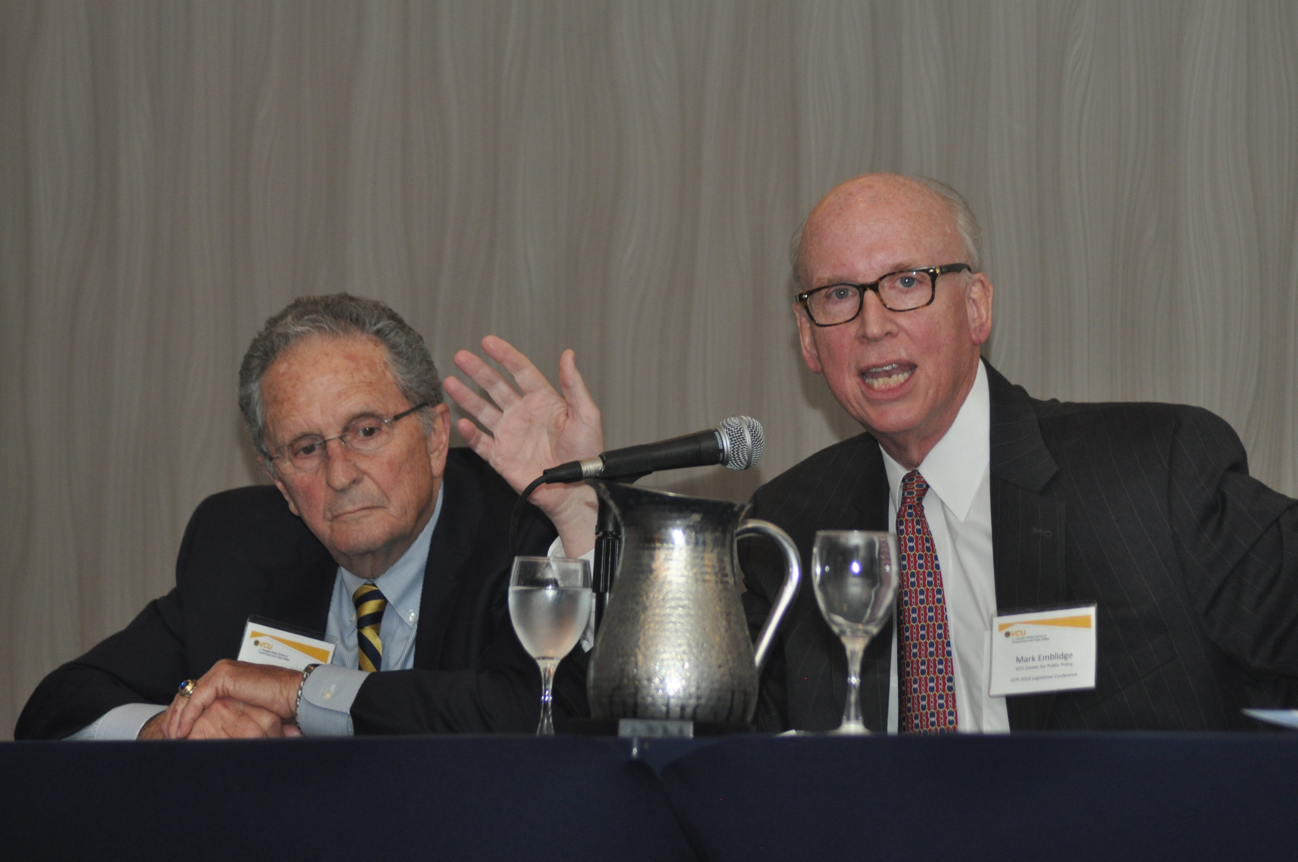  Dr. Mark Emblidge of the Center for Public Policy (right) offers insight as Dr. Richard Vacca listens during the CEPI 2018 Legislative Conference.