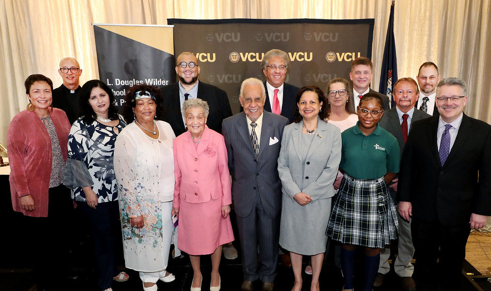 66th Governor of Virginia L. Douglas Wilder and Wilder School Dean Susan Gooden (center) post with the 2022 Excellence in Virginia Governance Award honorees.