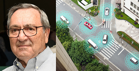 Gary Hack, Ph.D, the 2019 Morton B. Gulak Lecturer in Urban and Regional Planning, against a backdrop of autonomous vehicles  in city traffic. 