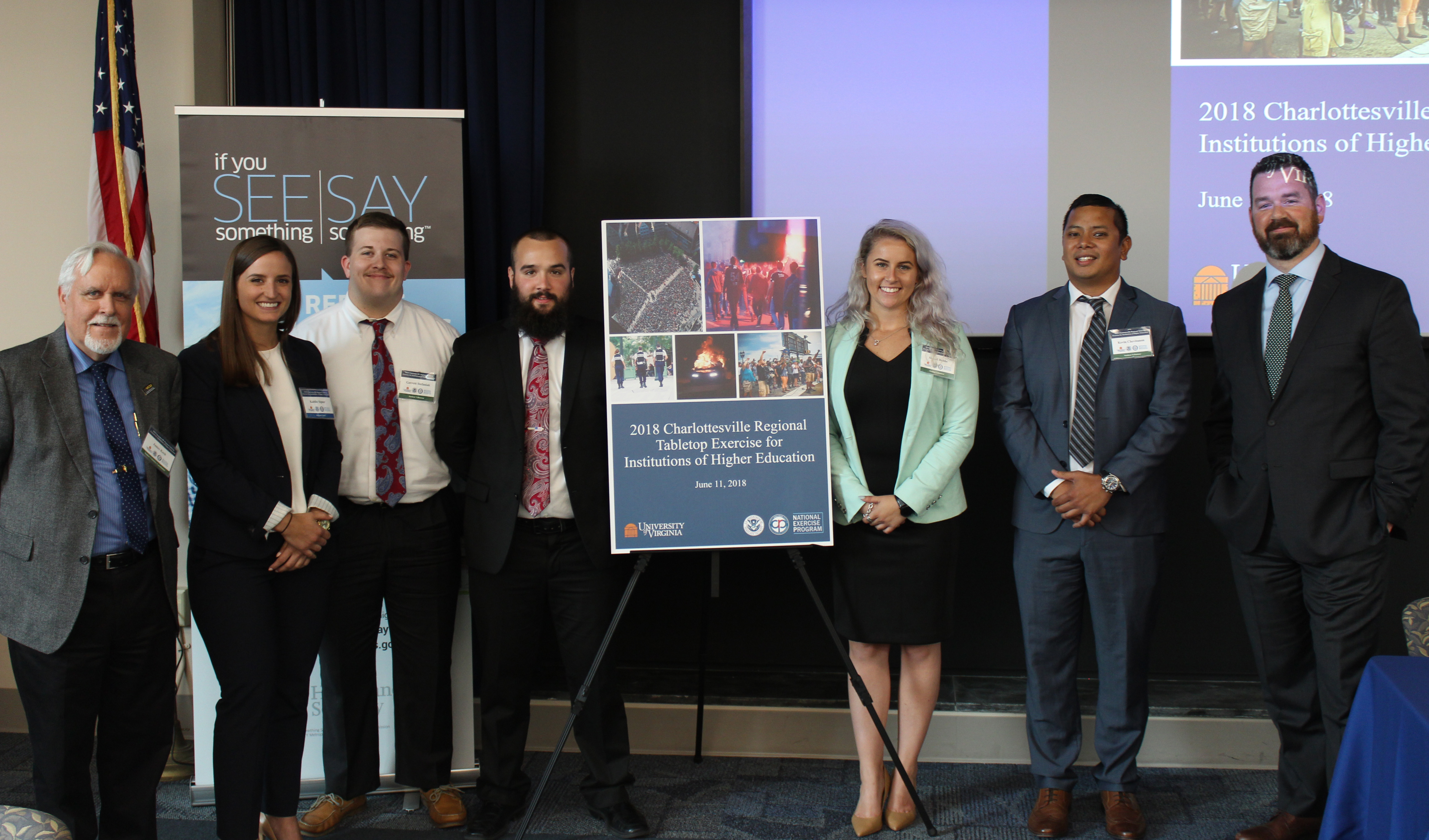 The Wilder School group and colleagues from the U.S. Department of Homeland Security's Office of Academic Engagement gather during the conference. From left are Associate Professor James Keck; Kaitlin Signor of the DHS; students Garrett Stefaniak, Nathan Moorhead, Abigail Hobbs, Kevin Chevitanon; and Trent Frazier of the DHS.