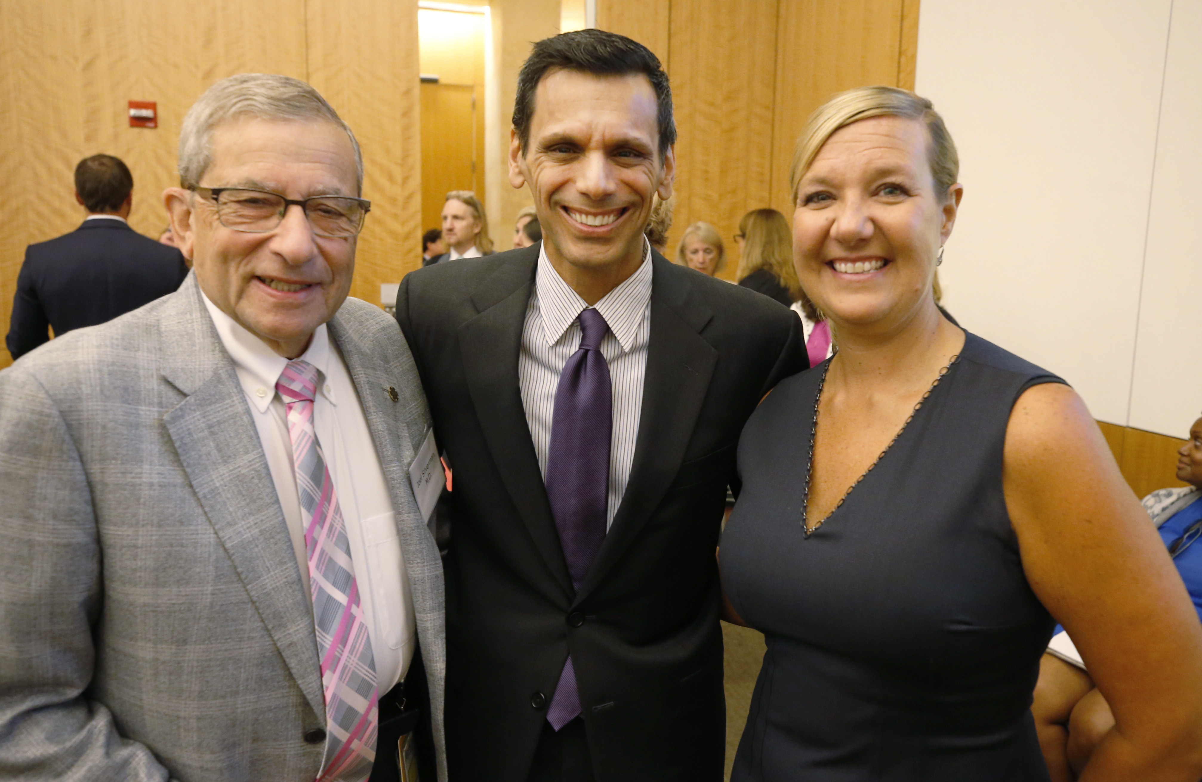 VCU President Dr. Michael Rao, who gave welcoming remarks, stands with moderators Dr. Robyn McDougle, director of the Wilder School’s Center for Public Policy, and Joel Silverman, M.D., chair of the Department of Psychiatry. 
