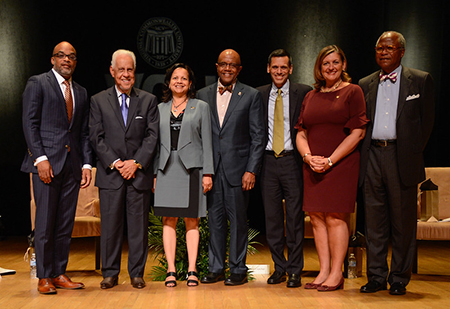 (From left to right) Makola Abdullah, Ph.D., Governor L. Douglas Wilder, Interim Dean Susan Gooden, Alvin Schexnider, Ph.D., Michael Rao, Ph.D., Paula Pando, Ed.D., Ronald Crutcher, D.M.A.