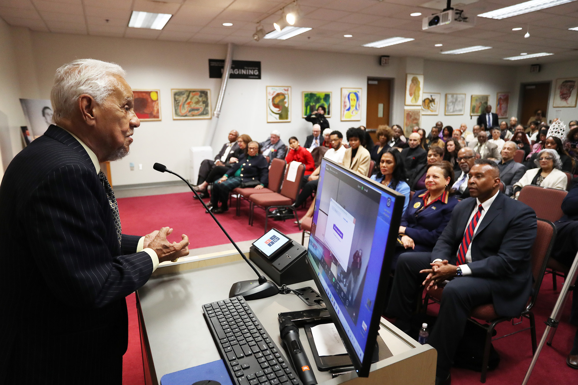Governor Wilder addresses a crowd during his 94th birthday celebration.