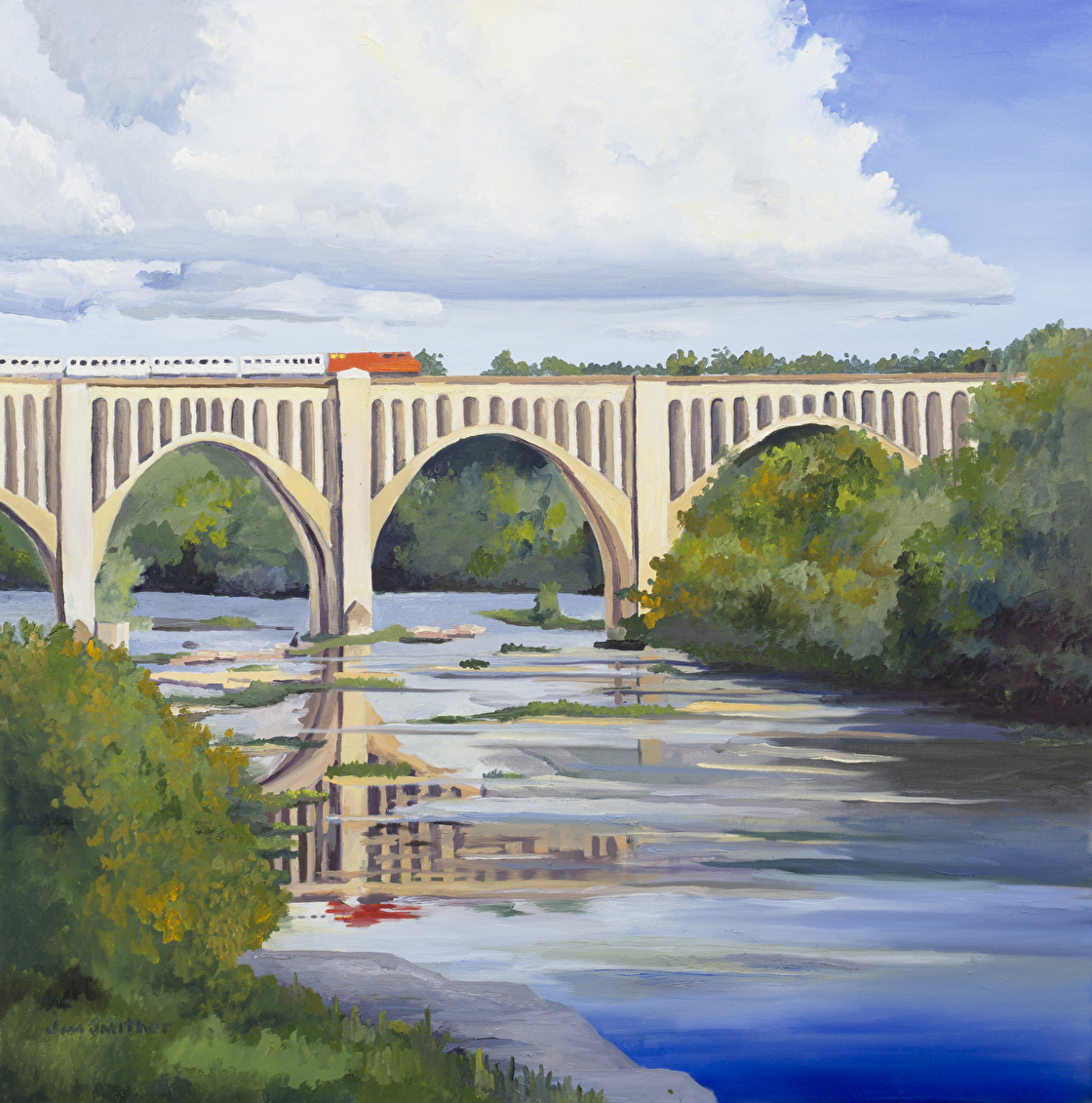 Oil painting depicting eflections of a CSX Line Bridge by Jim Smither, Associate Professor